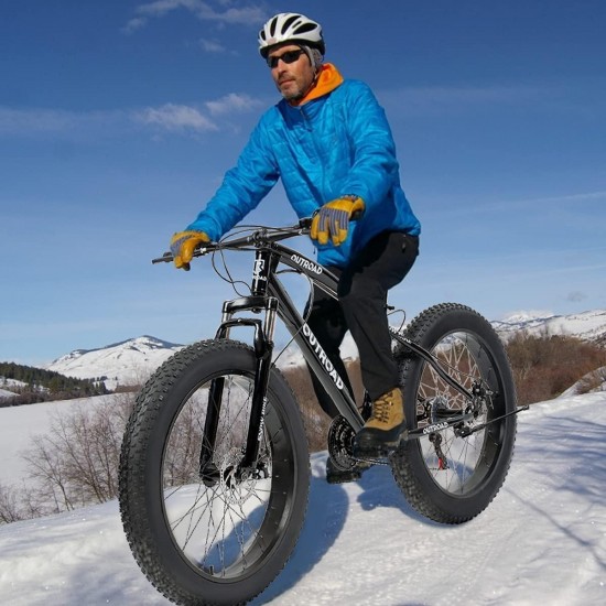 Fat Tire Mountain Bike 21 Speed Derailleur, with High Carbon Steel Frame, Double Disc Brake and Front Suspension Anti-Slip Bikes with 26 inch Wheels
