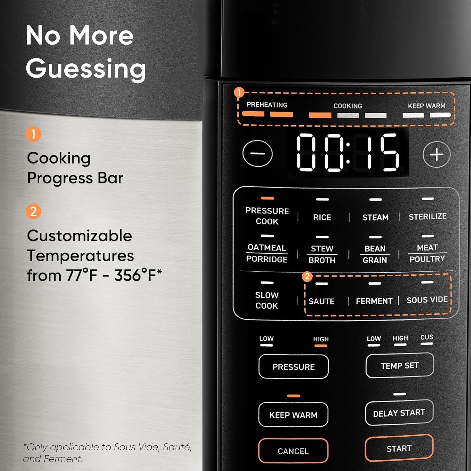 6QT, Stainless Steel, 9-in-1 Multi Cooker, 12 Safety Features, Ceramic Inner Pot, Rice, Slow Cook, Sous Vide, Saute, 1100W