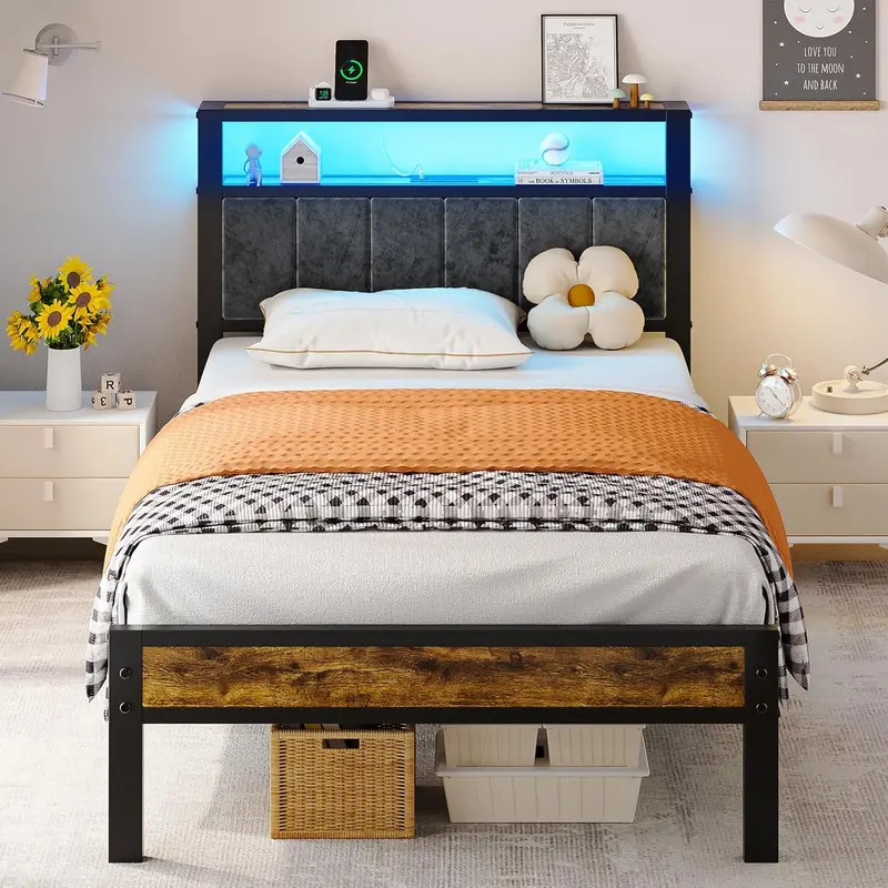 Queen Platform Bed with Storage Headboard – 2-Tier Shelf Design, Integrated Charging Station & Modern Low-Profile Frame