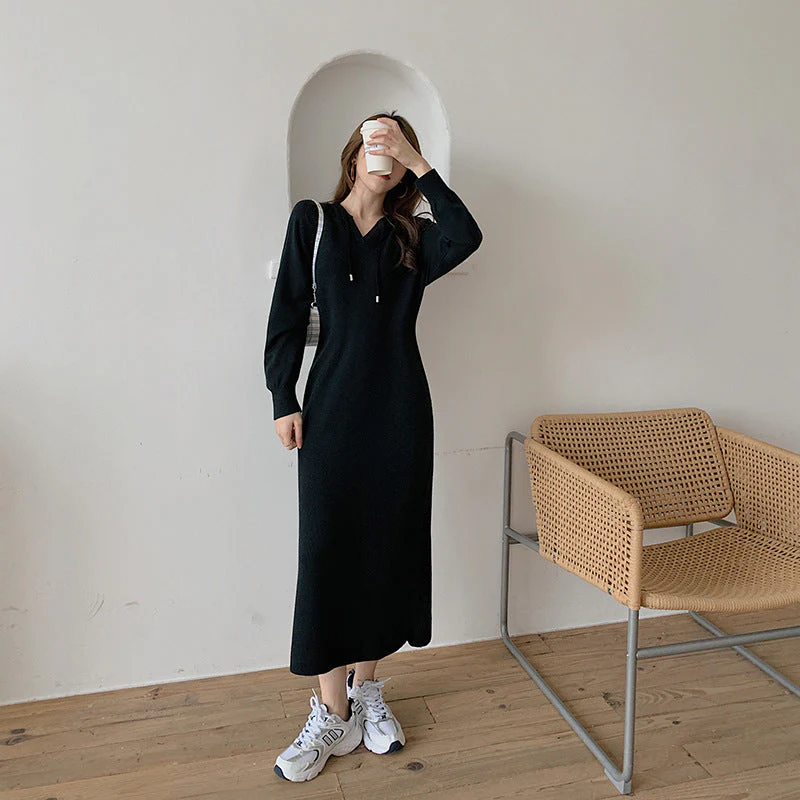 Hooded Knit Maxi Dress with DrawstringClistos
