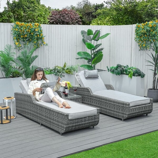 3Pieces Outdoor Adjustable Wicker Chaise Lounge Set