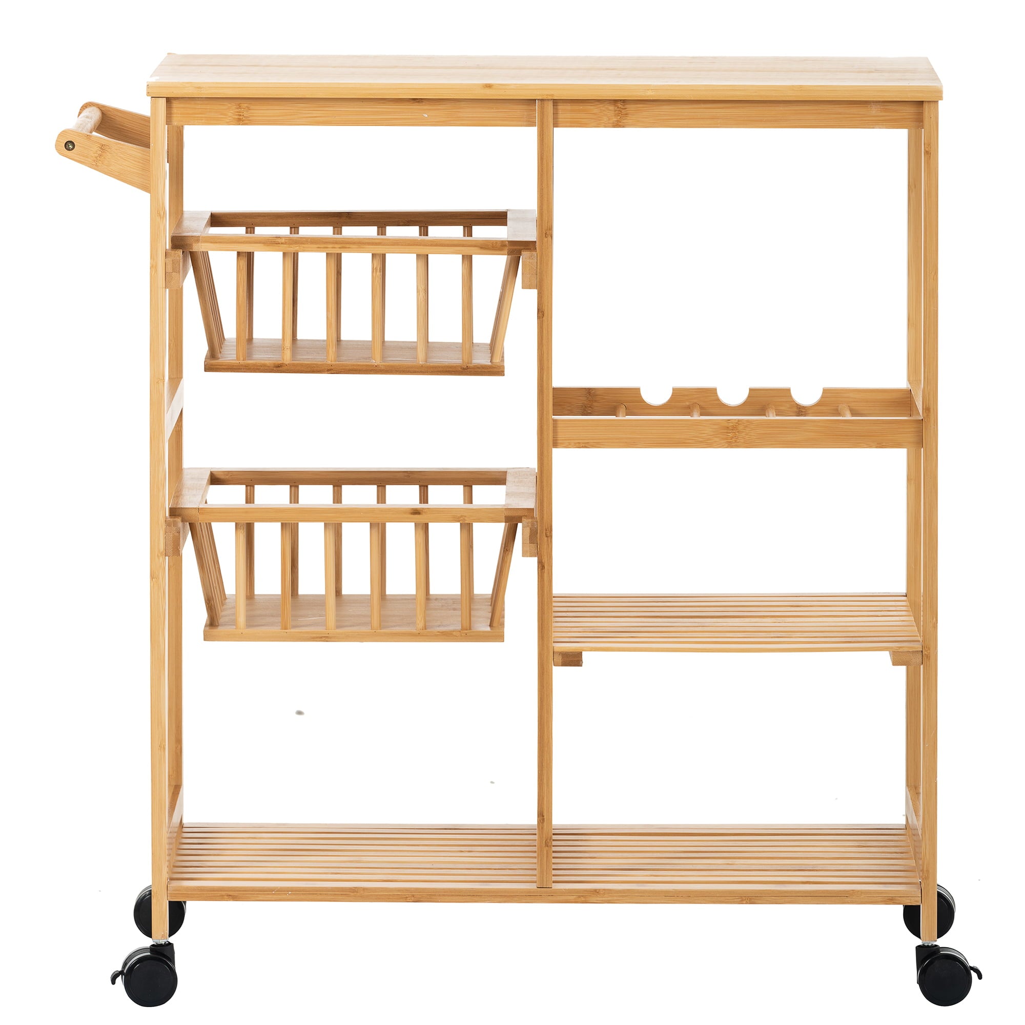 uhomepro Kitchen Rolling Microwave Cart on Wheels, Microwave Oven Stand Storage Cart on Wheels, Mobile Kitchen Cart, Bamboo Food Pantry Carts with Wine Rack, 3 Shelves, 2 Baskets