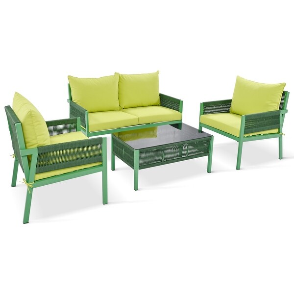 4Piece Rope Patio Furniture Set with Tempered Glass Table