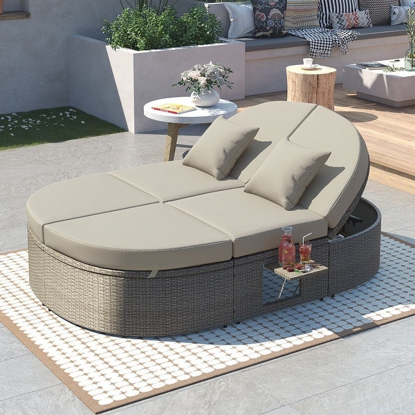 2Person Rattan Garden Reclining Chaise Lounge Daybed with Cup Trays