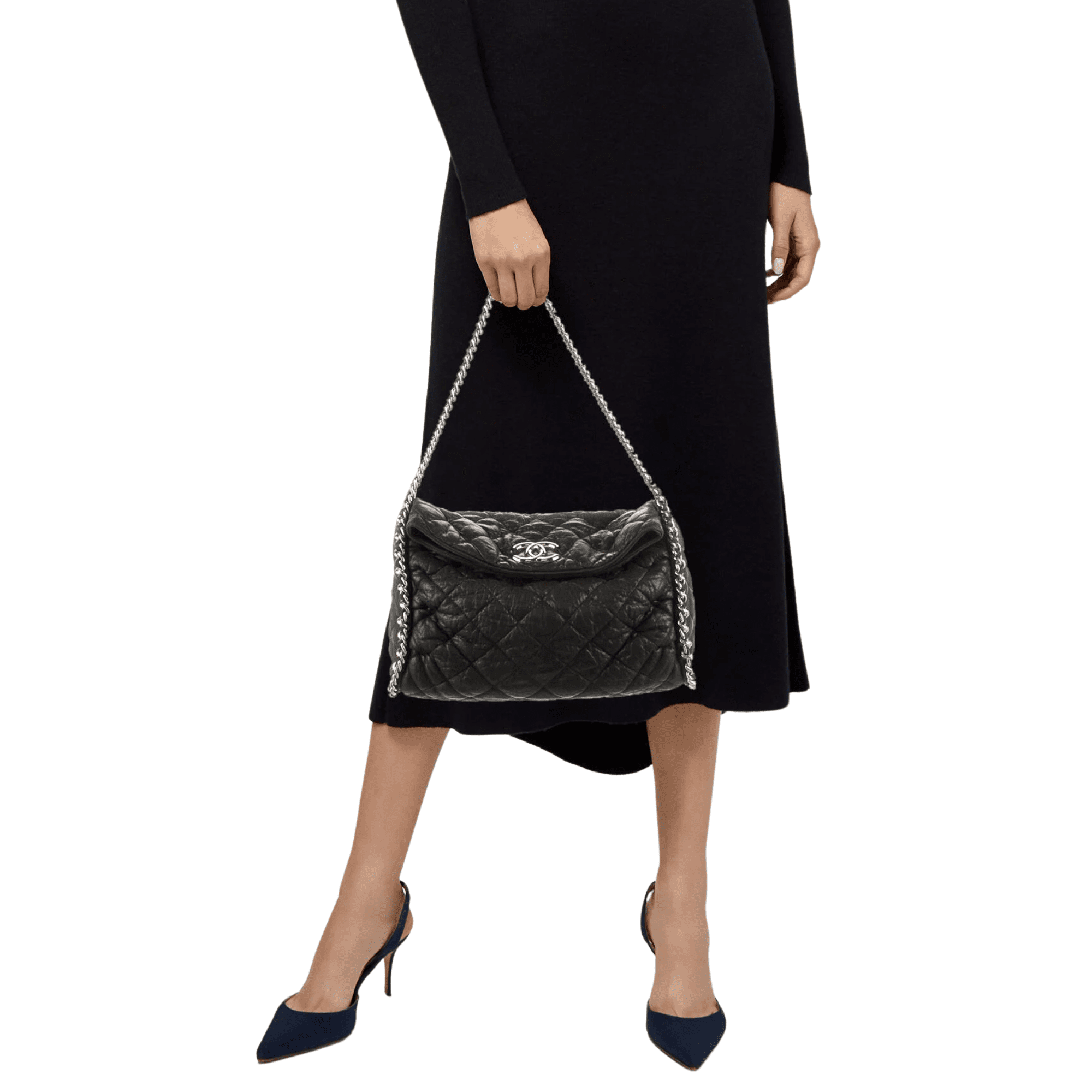 Chanel Black Quilted Washed Lambskin Chain Around Hobo 31cm