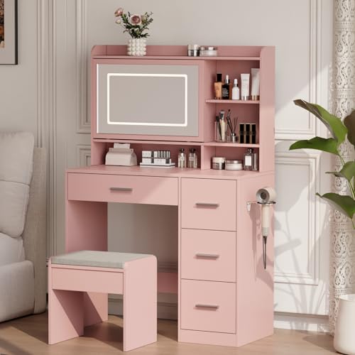 Vanity Desk with a Mirror and Lights，with Chair and Four Drawers, Three Adjustable Lighting Modes，with Power Outlet and Sliding LED Mirror,Bedroom Vanity Desk (White)