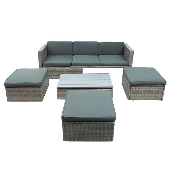 Roomfitters Patio Furniture Set,5Piece Wicker Sofa with Adjustable Backrest,Cushions,Ottomans,LiftTop Coffee Table