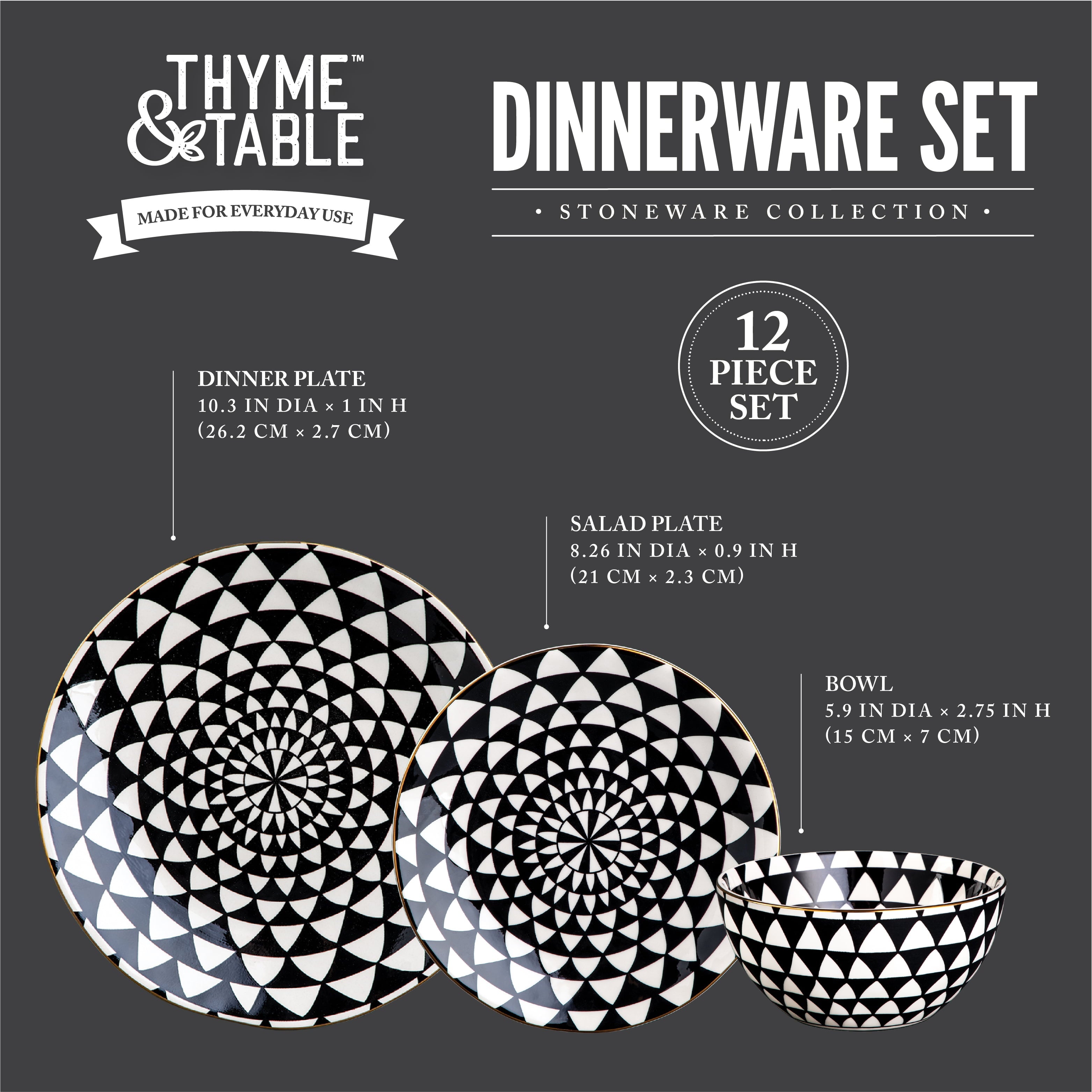 Thyme and Table Dinnerware Black and White Medallion Stoneware, 12 Piece Set