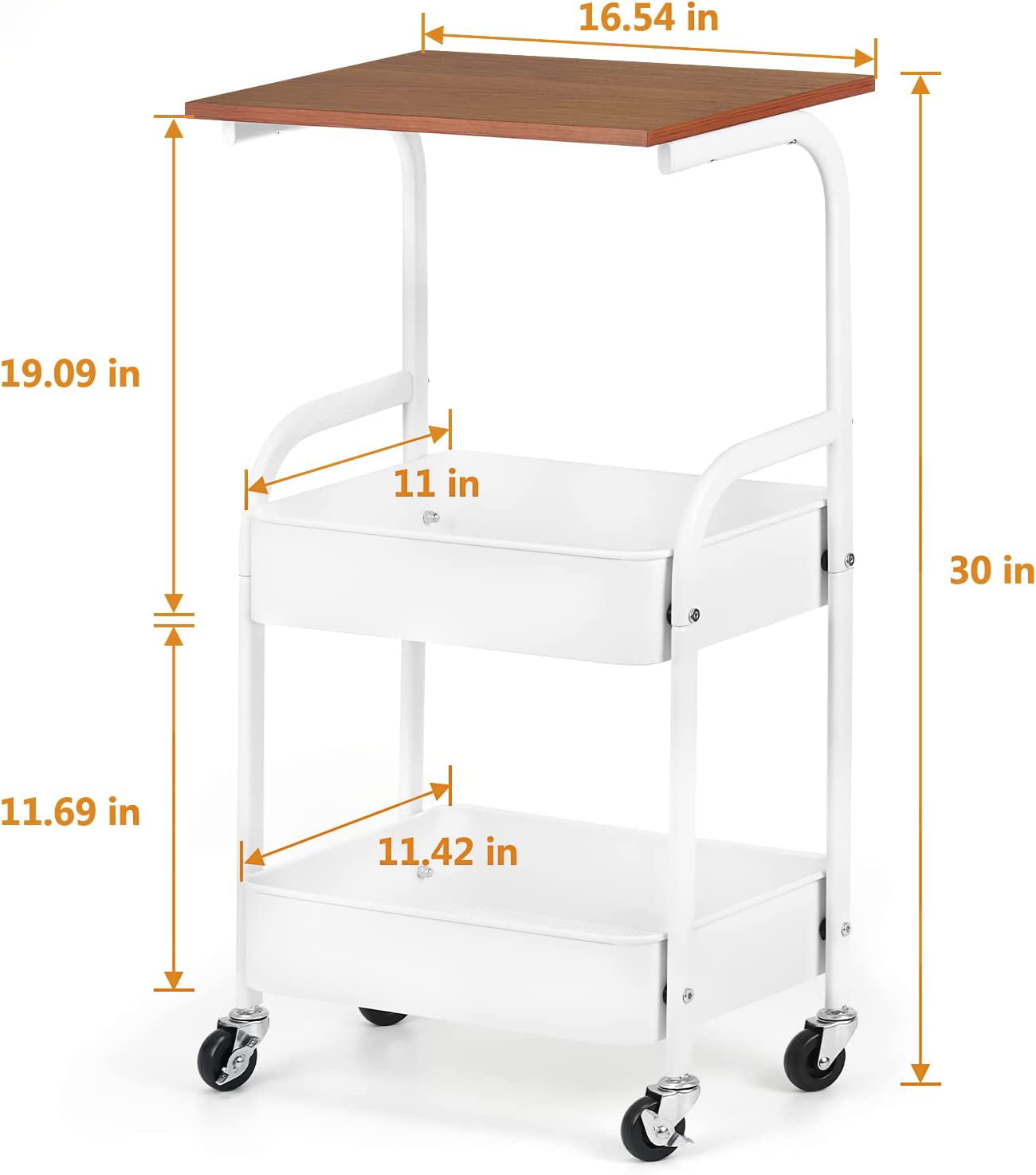 Kitchen Rolling Storage Cart, 3-Tier Slim Storage Cart with Wheels, Mobile Utility Cart with Wooden Tabletop, White