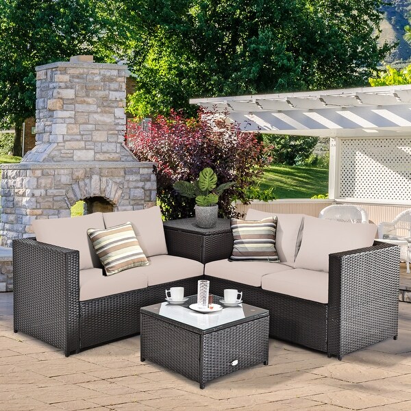 Gymax 8PCS Cushioned Rattan Patio Conversation Set w/ Coffee Table