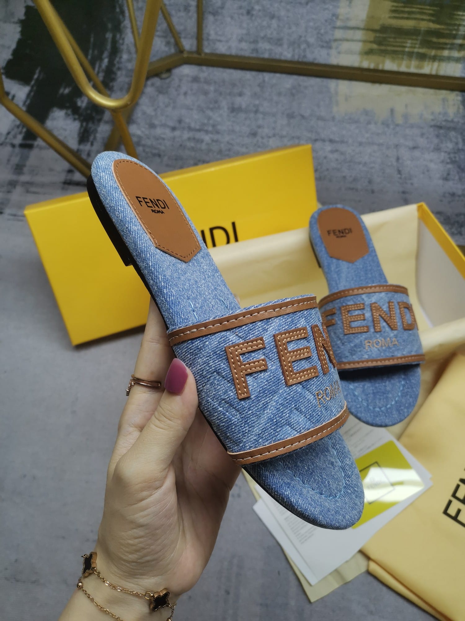 Fendi Signature Light Blue Denim Slides