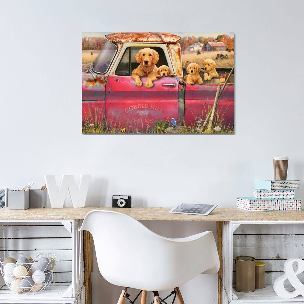 Greg u0026 Company Canvas Wall Decor Prints - Goldens and Truck ( Animal Art u003E Dogs u003E Golden retrievers art)