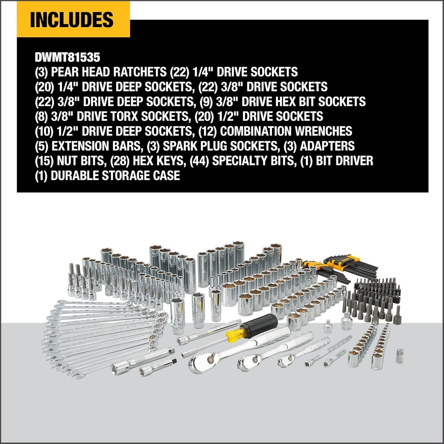 Mechanic Tool Set, 247-Piece, 1/4 in., 3/8 in. and 1/2 in. Drive, SAE, Ratchets, Sockets, Hex Keys, Combination Wrenches, Polish Chrome Finish
