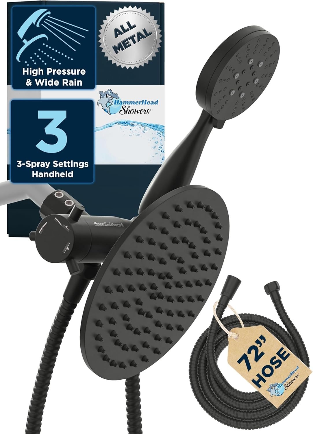 Dual Shower Head Combo, 8-Inch Rainfall + 3-Spray Handheld, Matte Black High Pressure