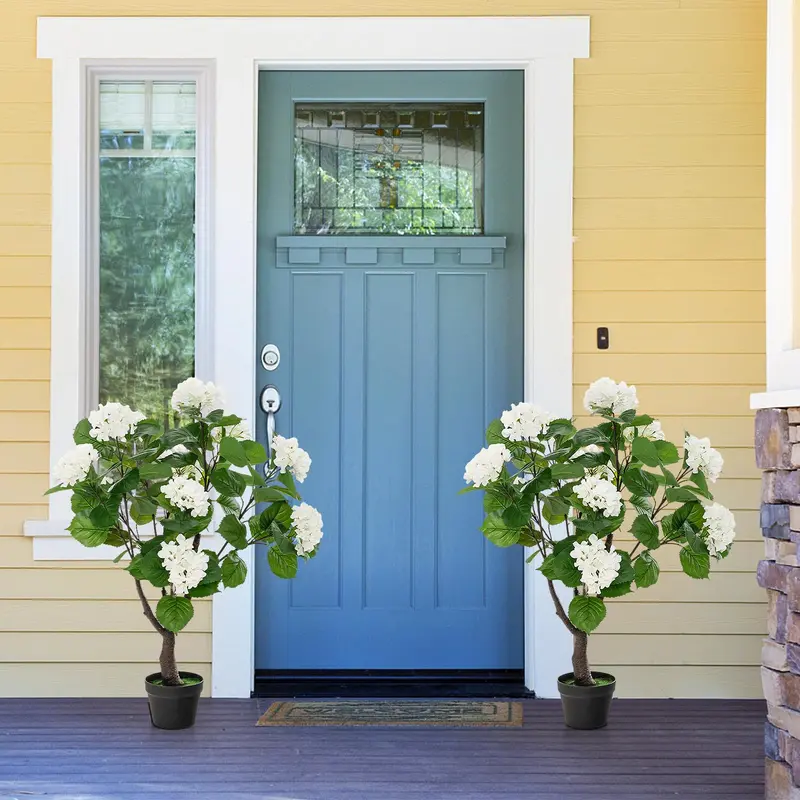 Set of 2 Artificial Hydrangea Trees – Lifelike 11-Bloom Arrangements in Plastic Nursery Pots