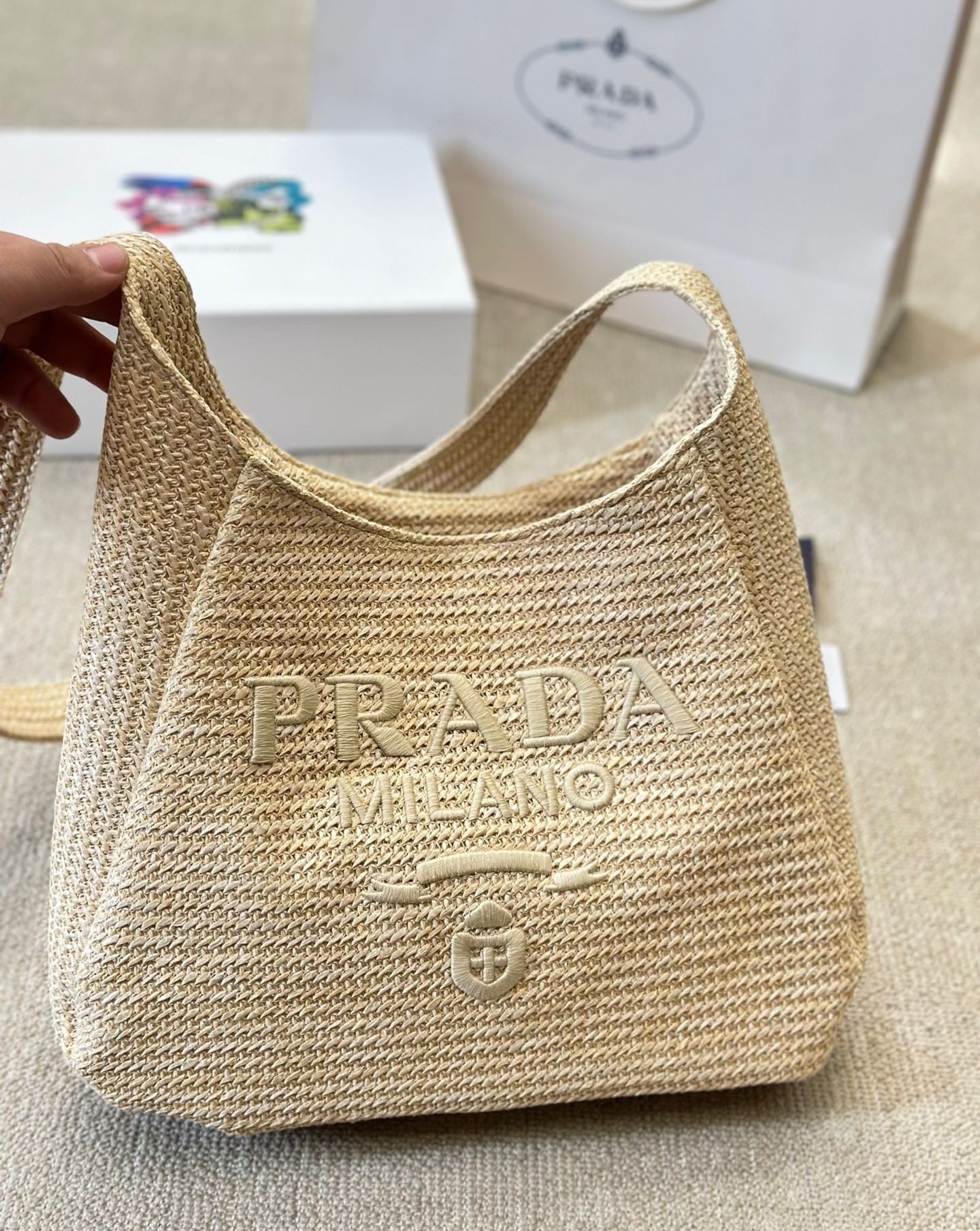 Prada Logo Embossed Raffia Shoulder Bag Beige 33Cm