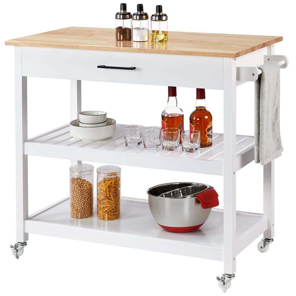 Yaheetech 3 Tier Rolling Kitchen Cart Island Cart on Wheels with Storage Shelf and Drawer Solid Wood Countertop, White