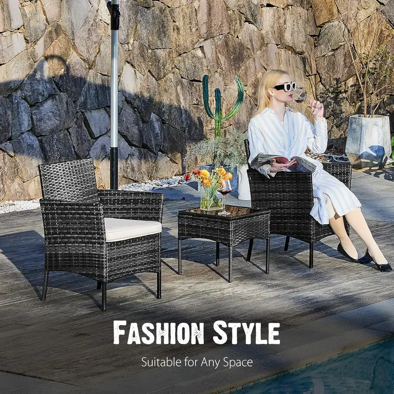 Sweetcripy 3-Piece All-Weather Patio Set – Woven Rattan Chairs with Cushions and Tempered Glass Table
