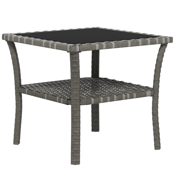 Rattan Side Table,Outdoor End Table with Storage Shelf,Aluminum Frame Square,Coffee Table with Tempered Glass Top