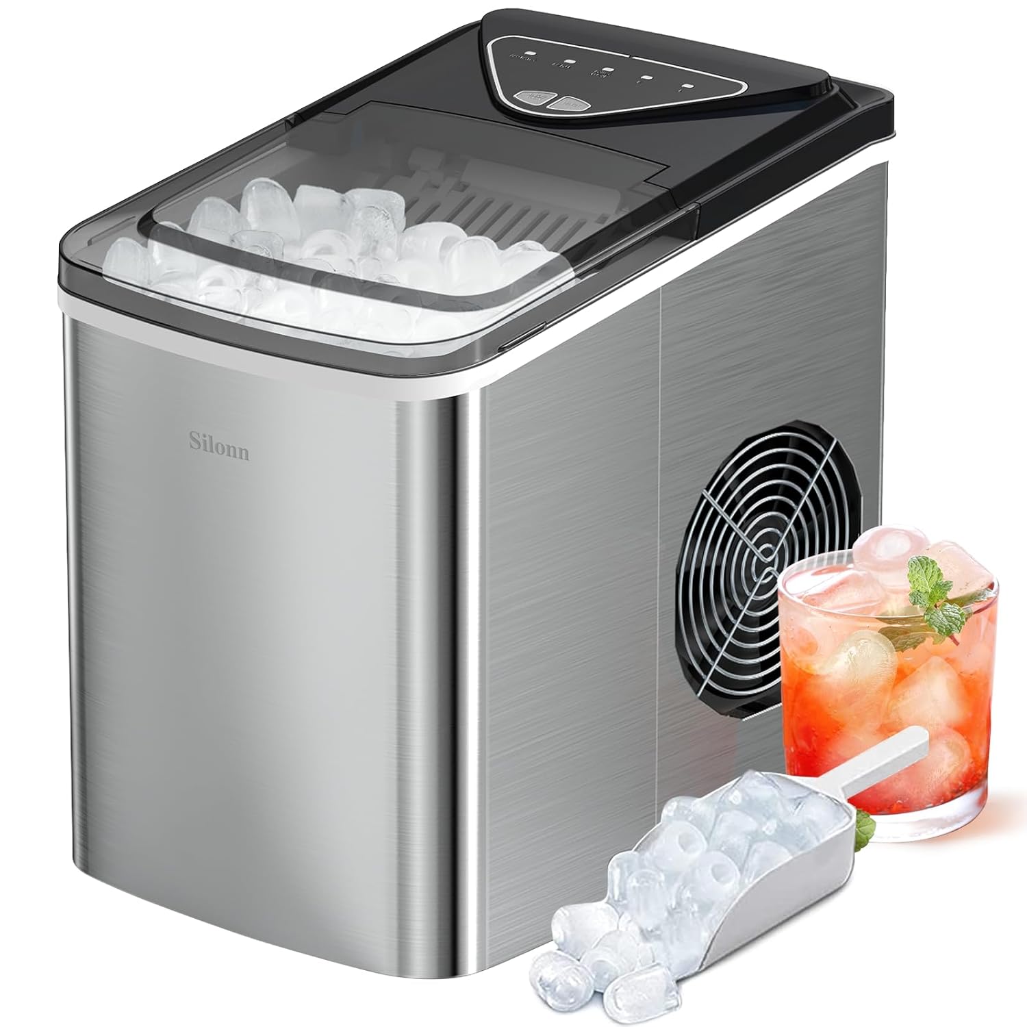 Nugget Ice Maker Countertop, Chewable Pellet Ice Machine with Self-Cleanin Function, 33lbs/24H Portable Ice Makers for Home Kitchen Officce, Stainless Steel