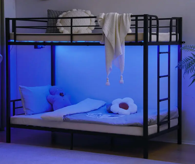 VINGLI Twin-over-Twin LED Bunk Bed — Non-Slip Ladder, Full-Length Guardrail, and Built-in Lighting