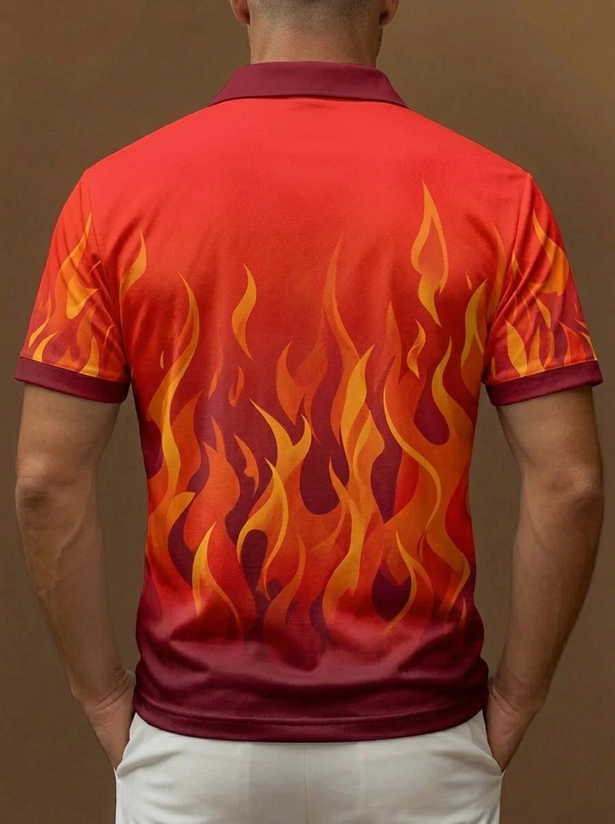 Red Orange Flame Print Short Sleeve Golf Polo Shirt