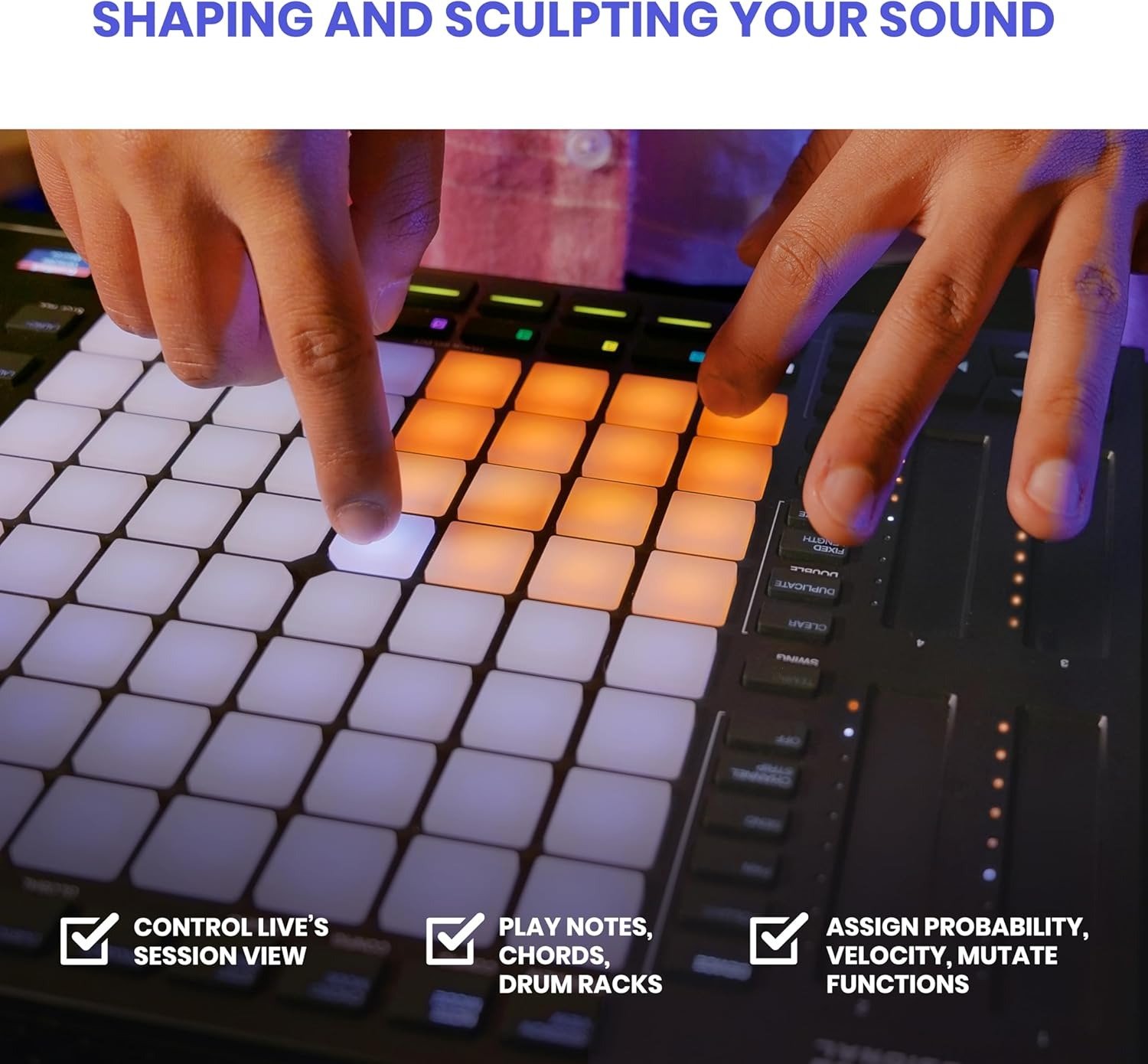 MIDI Controller with 8 Touch Strips, Step Sequencer, 64 RGB Velocity-Sensitive Pads, CV Gates, MIDI In and Out, USB-C
