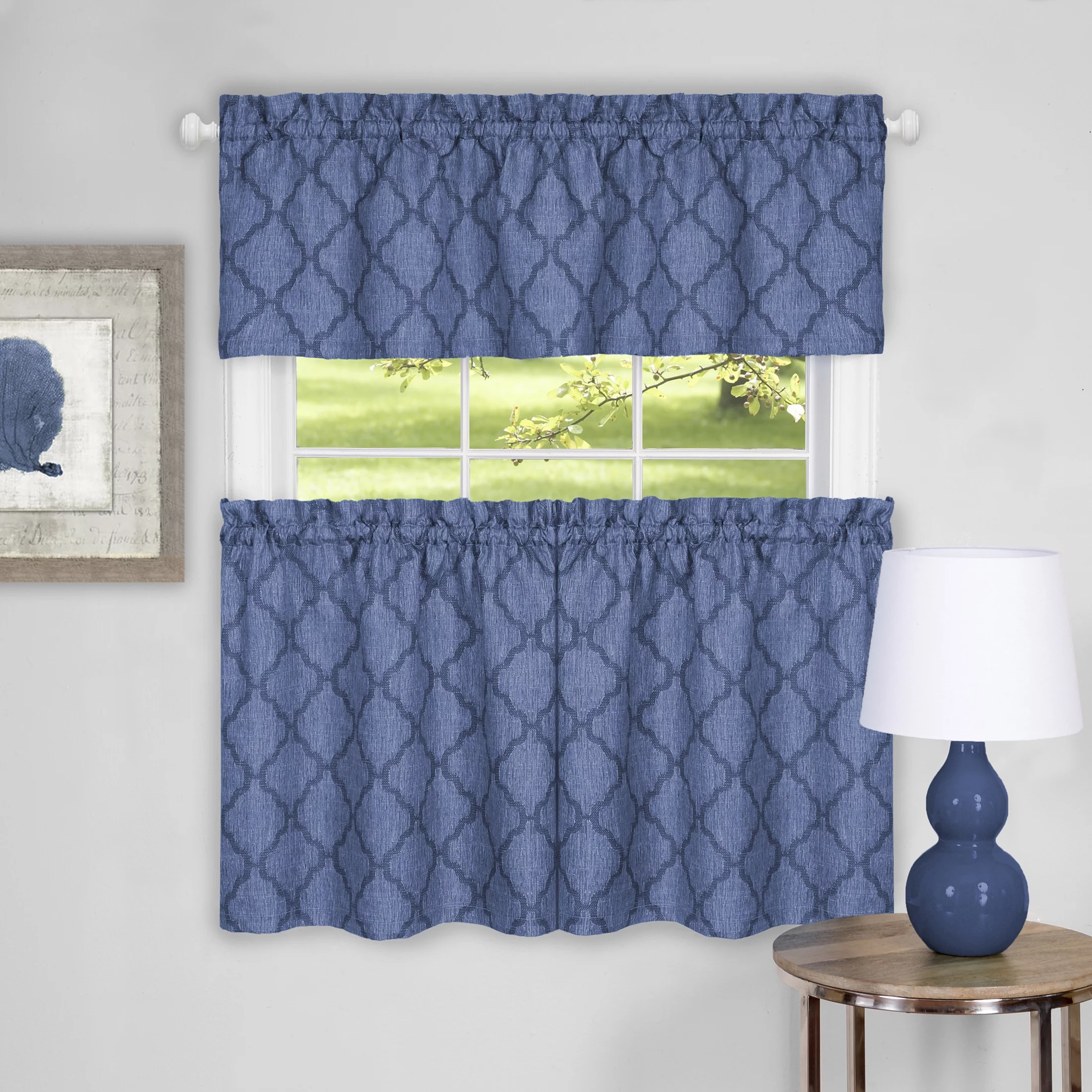 PowerSellerUSA 58W x 24L Inches Moroccan Trellis Design Tier Panels and Valance Set, 3-Pieces Window Kitchen Curtain Set, Top Rod Pocket Small Window Cafe Curtain Panels and Valance, Blue