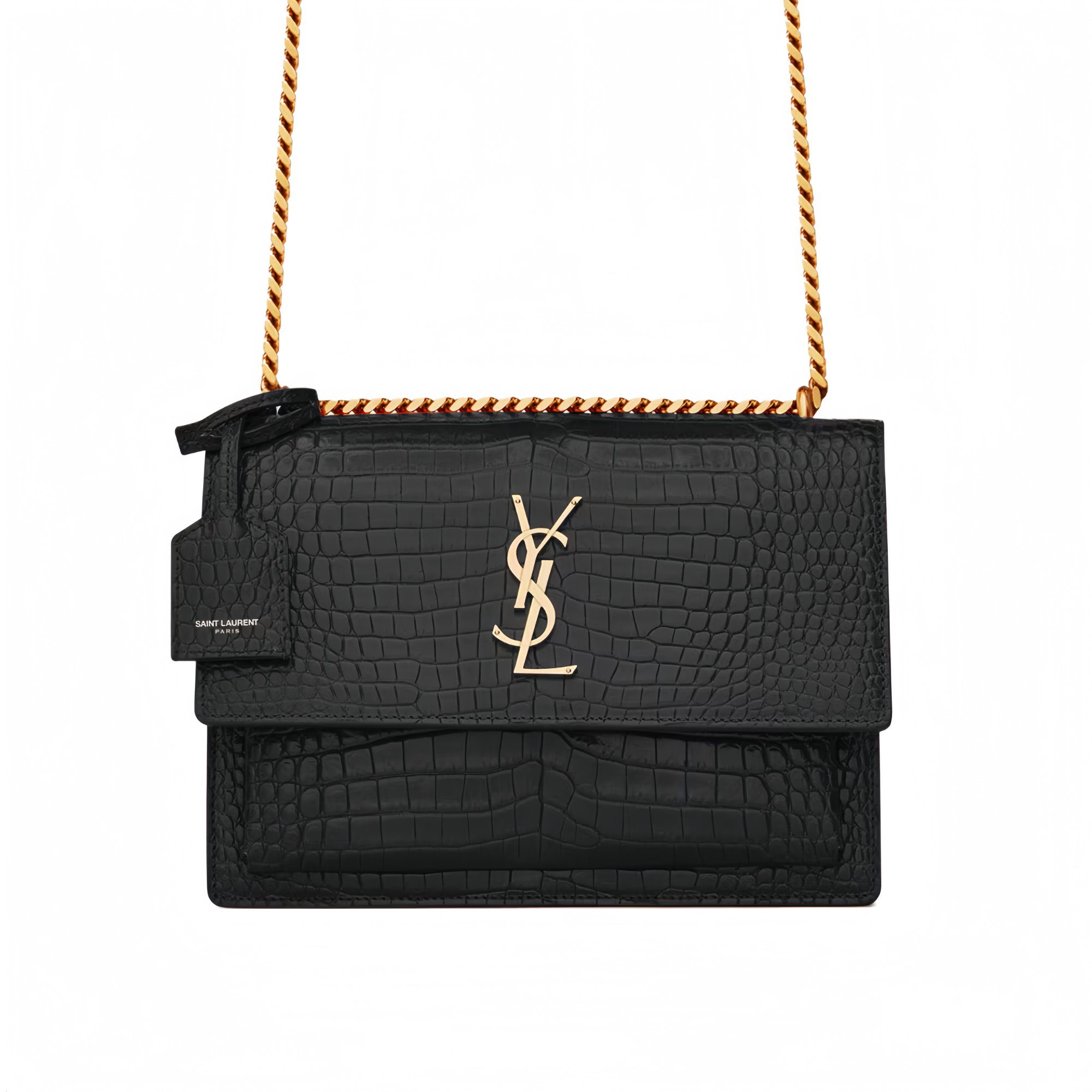 Saint Laurent Sunset Medium In Crocodile Embossed Leather Black 22Cm