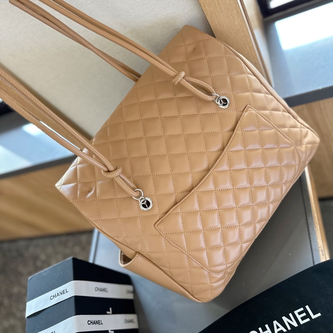Chanel Cambon Shopping Bag Quilted Leather In Beige And Black 36Cm