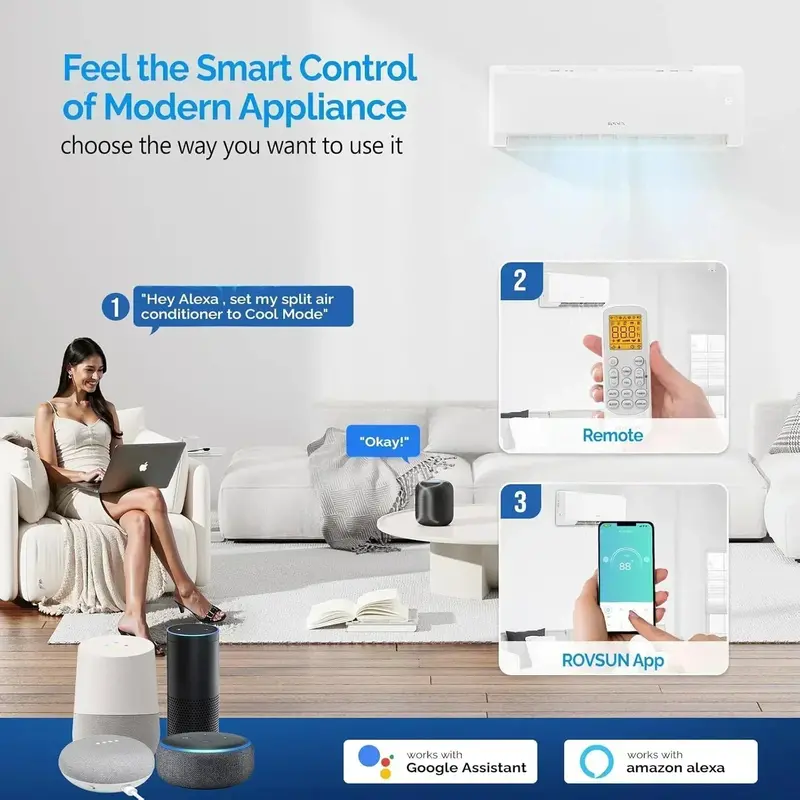 ROVSUN 9,000 BTU Wi-Fi-Enabled Mini-Split AC/Heater – Inverter-Driven, 19 SEER2 Efficiency