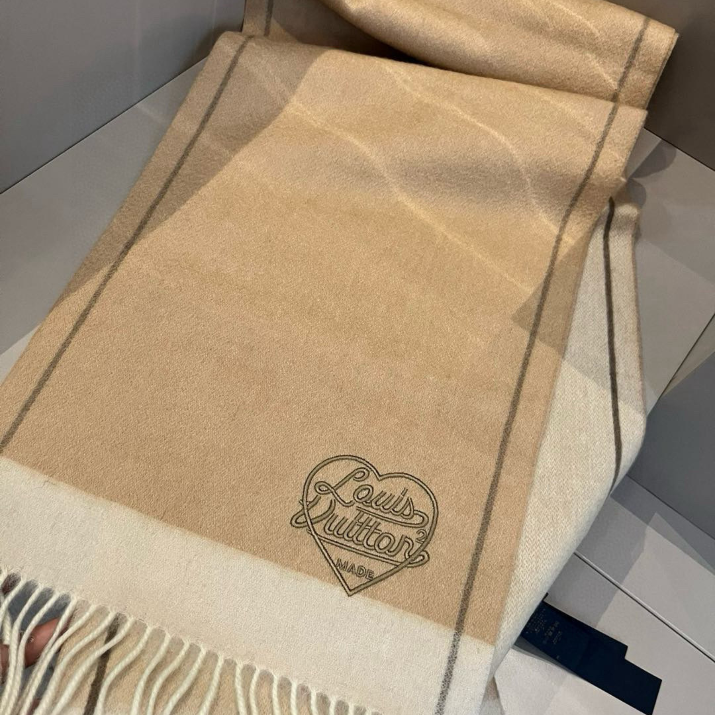 Louis Vuitton Monogram Heart Cashmere Scarf Beige For Women 180cm