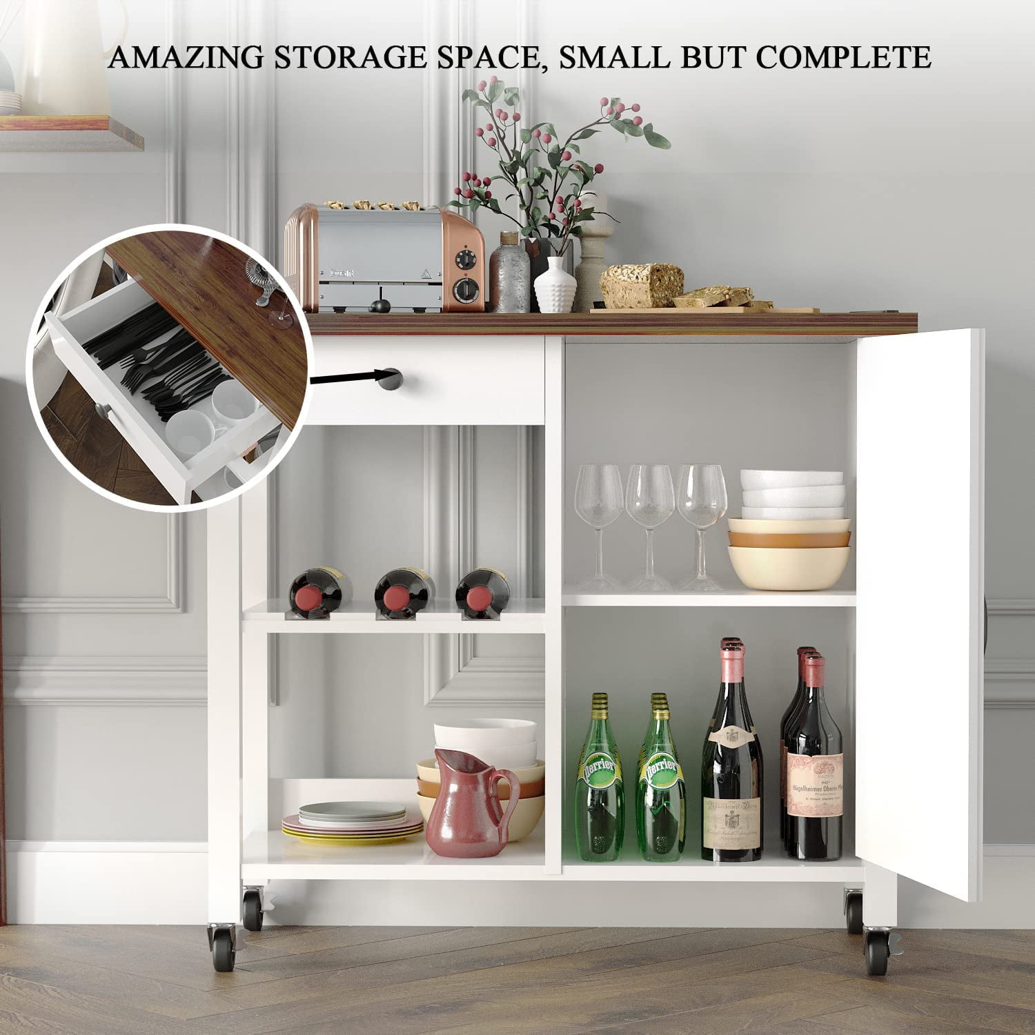 Catrimown Farmhouse Kitchen Island Cart with Storage, Microwave Cart, Microwave Stand, Coffee Bar Stand, White