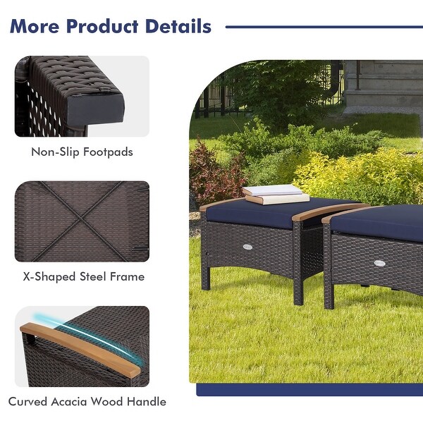 Gymax 2PCS Patio Ottomans Wooden Handles Rattan Knitting Foot Pedal
