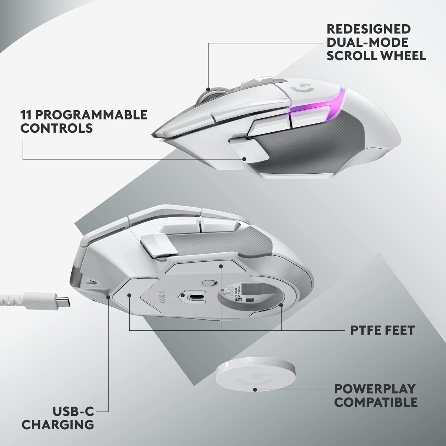 Wireless Gaming Mouse: Optical Switches, LIGHTSYNC RGB, 13 Buttons, Infinite Scroll Toggle, <130 hr Battery Life, USB-C, PowerPlay Wireless Charging Capable, for PC/MacOS - White