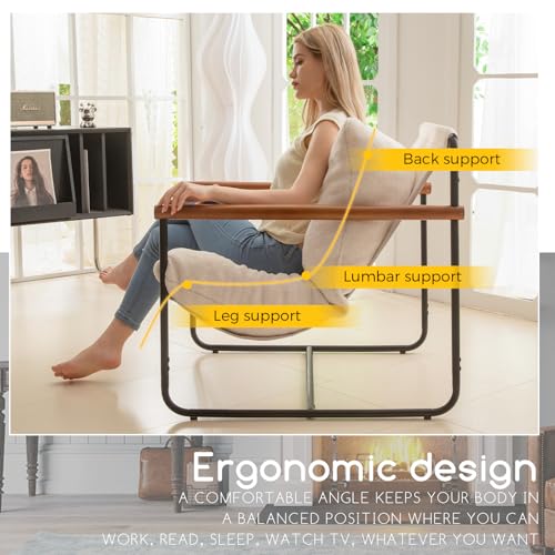 HIGOGOGO Modern Accent Chair, Living Room Chair with Wood Armrests, Shredded Foam Cushion, and Sturdy Metal Frame Reading Chair, Beige