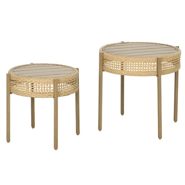 2 Piece Wicker Patio Table Set,PE Rattan End Table Set,Outdoor Round Coffee Table Set,MultiFunctional,Slatted Metal Top