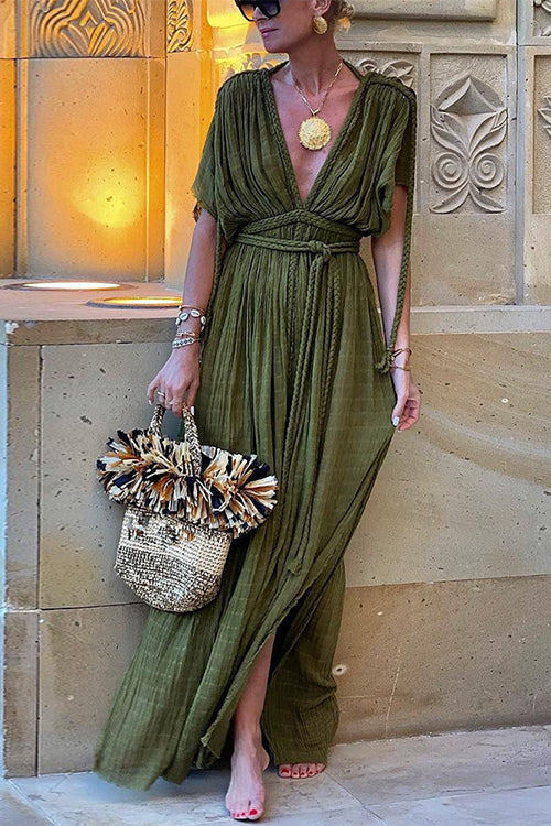 Plunge Neck Tie Waist Maxi Dress with Side SlitClistos