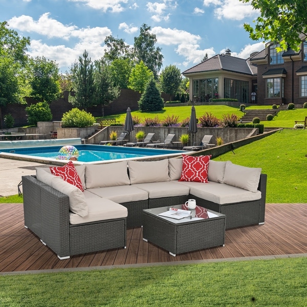 7Pcs Outdoor Sectional Furniture Set,AllWeather PE Rattan Sectional Sofa Conversation Set w/ Coffee Table and Washable Cushions