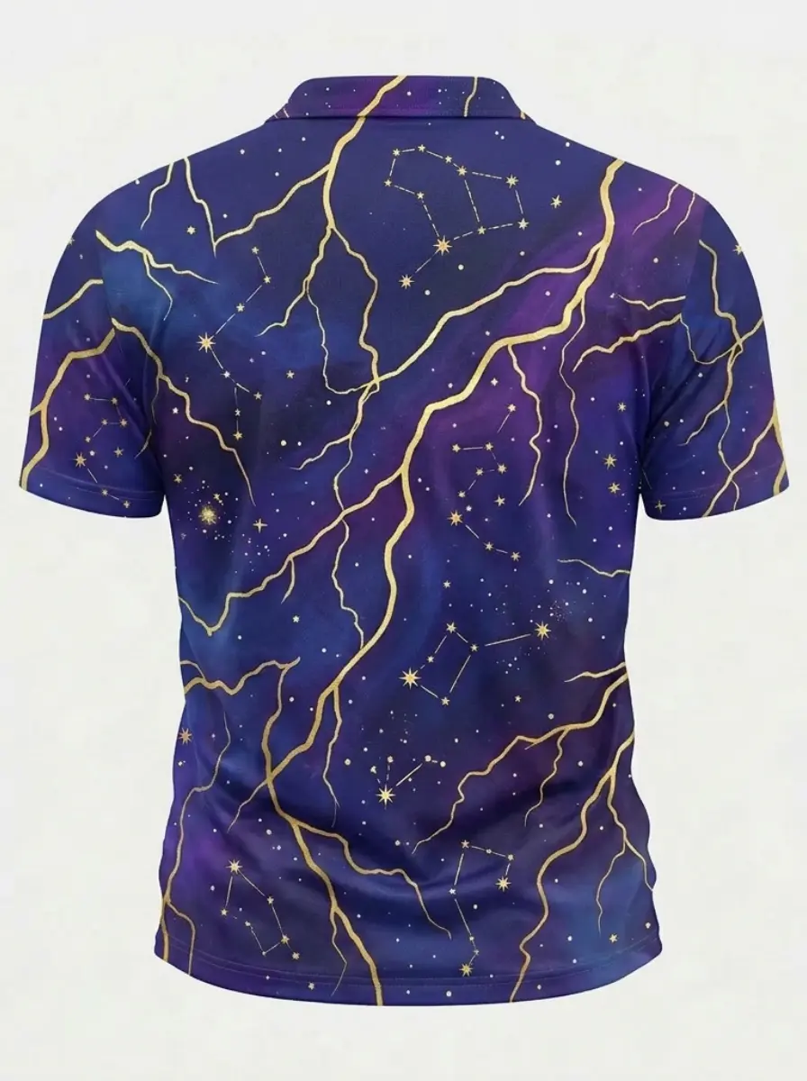 Moisture Wicking Golf Polo 3D Purple Gold Constellation Marble Pattern Button Short Sleeve Golf Polo Shirt