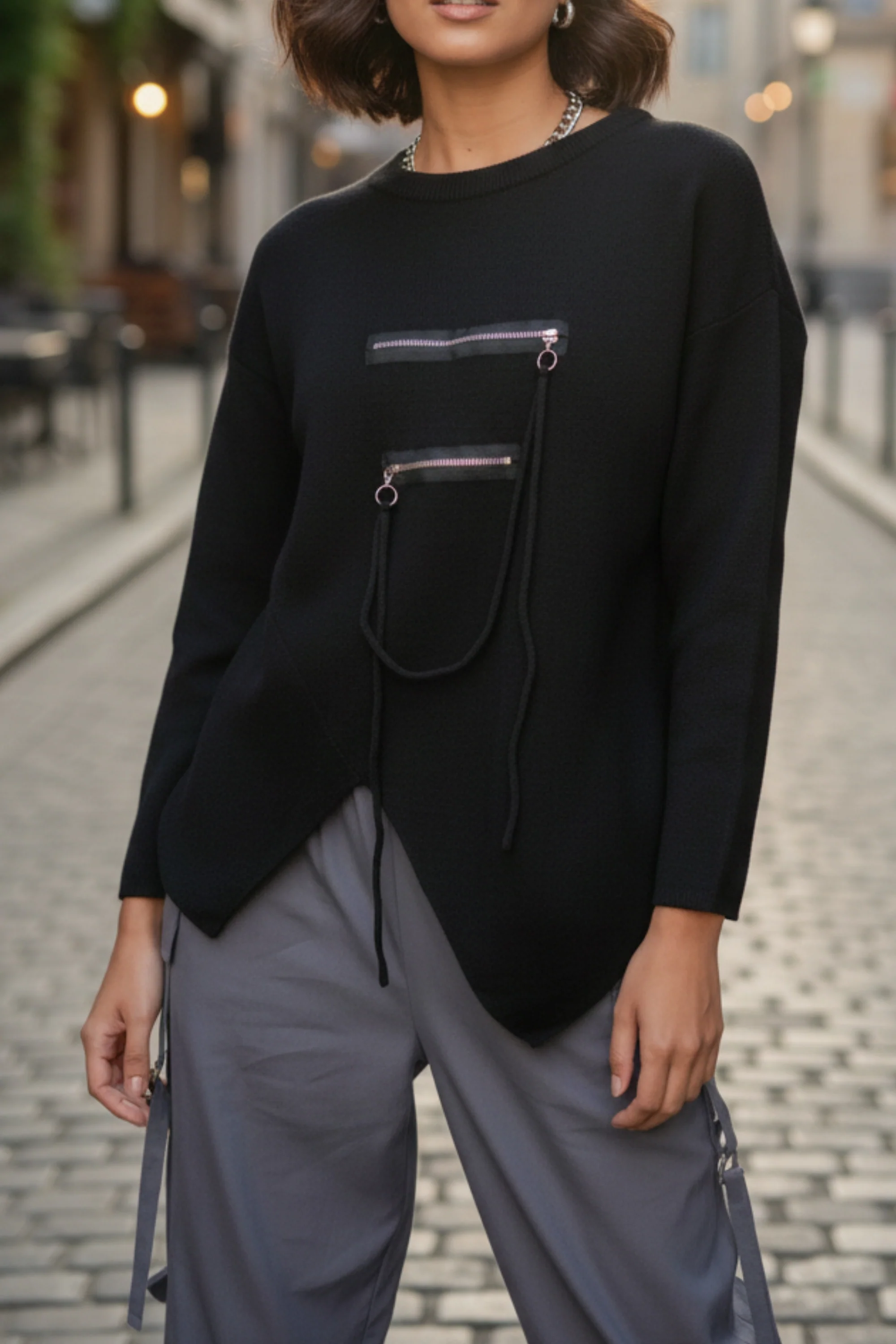 Black Zipline Geometrical Sweater