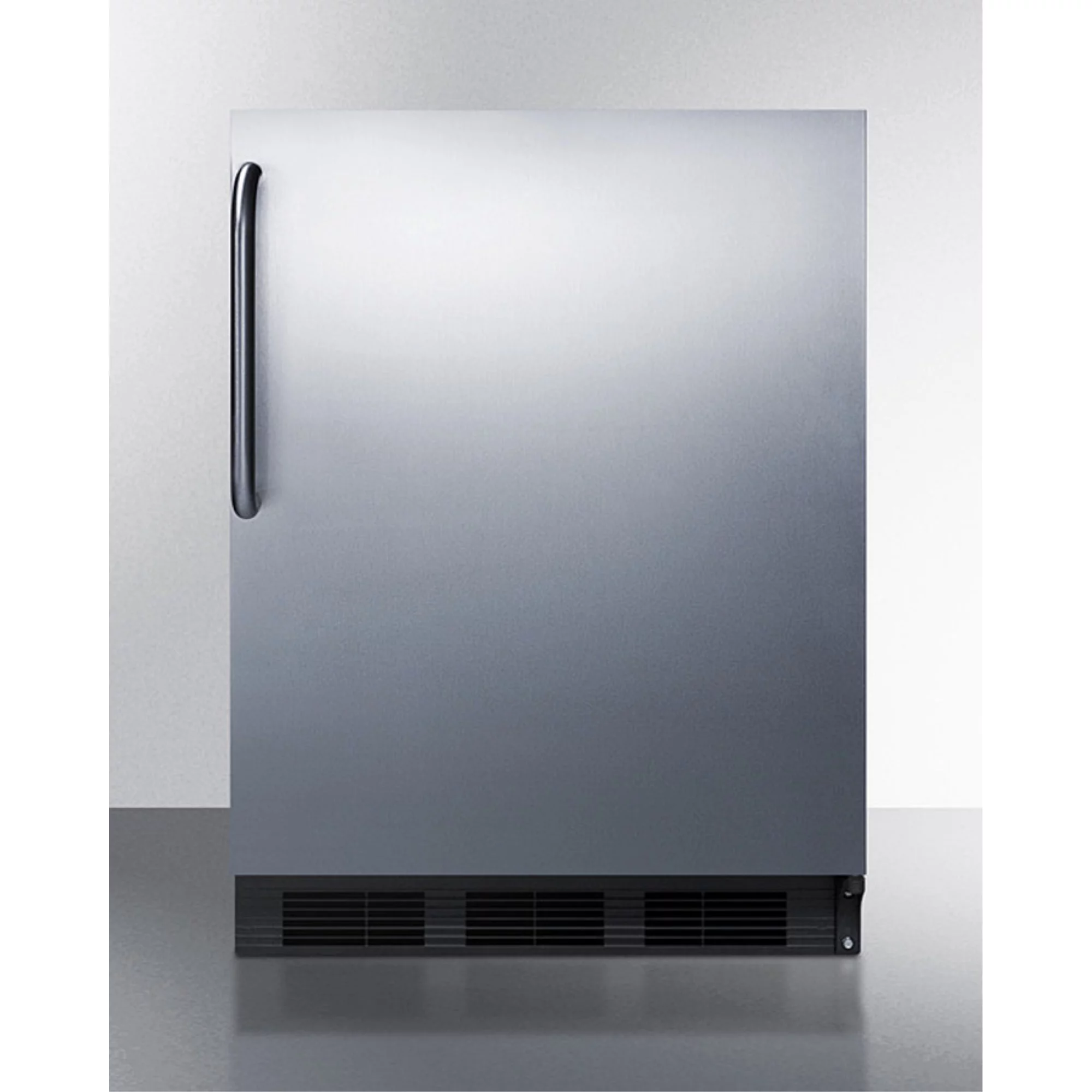 ADA compliant all-refrigerator for built-in general purpose use, auto defrost w/stainless steel wrapped door, towel bar handle, and black cabinet
