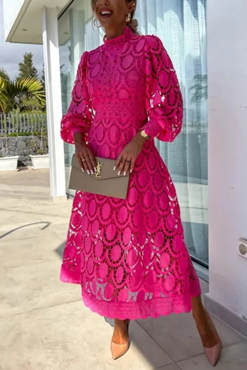 Lace Puff Sleeve Mock Neck Midi DressClistos