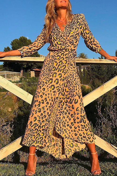Leopard Wrap Midi Dress V-Neck 3/4 SleeveClistos