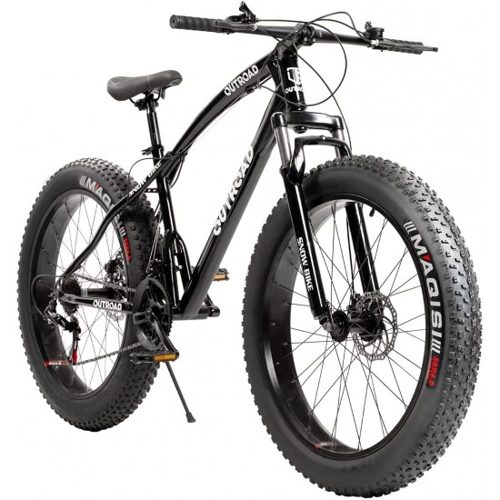 Fat Tire Mountain Bike 21 Speed Derailleur, with High Carbon Steel Frame, Double Disc Brake and Front Suspension Anti-Slip Bikes with 26 inch Wheels