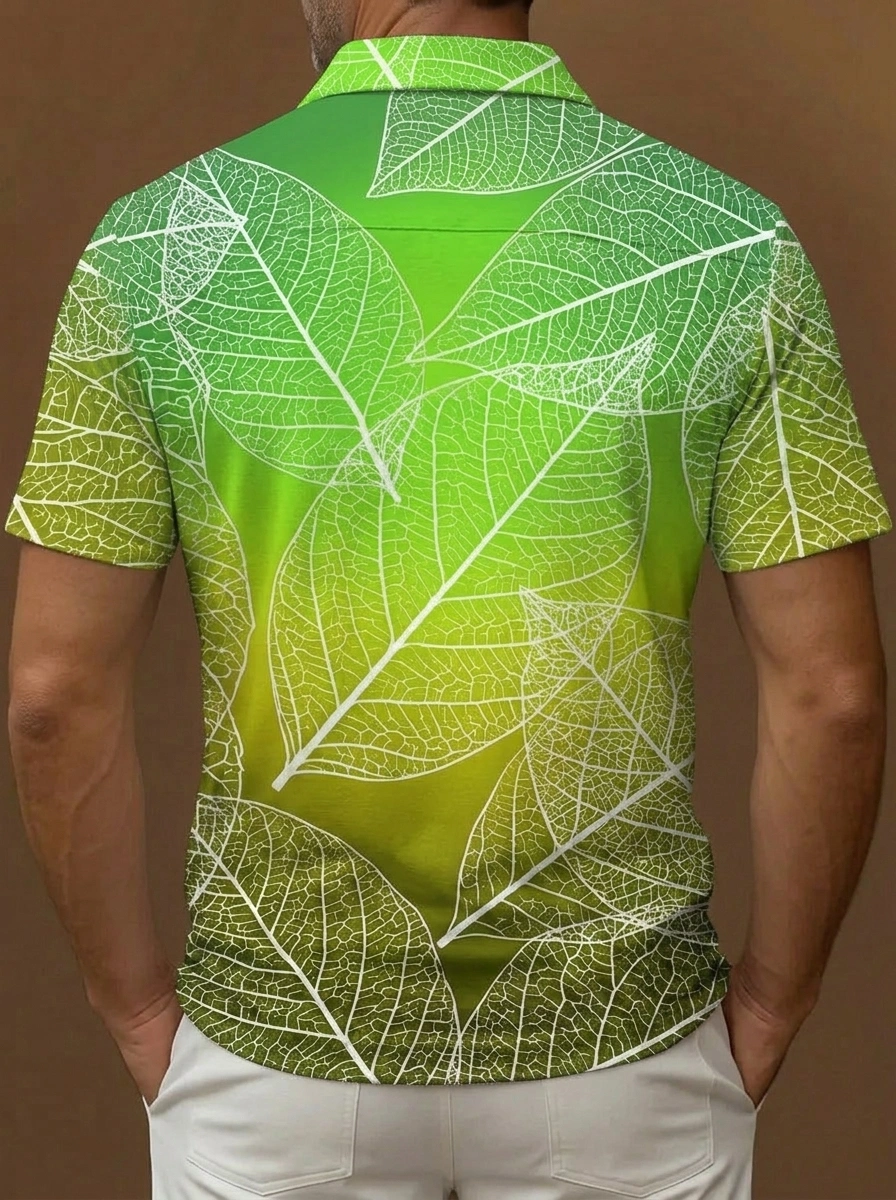 Green Leaf Skeleton Gradient Print Short Sleeve Golf Polo Shirt