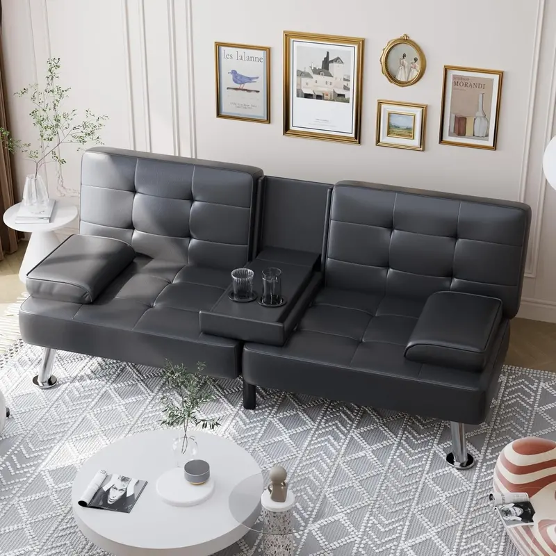 Shahoo Folding Futon Sofa Bed – Modern Faux Leather Convertible Living Room Couch