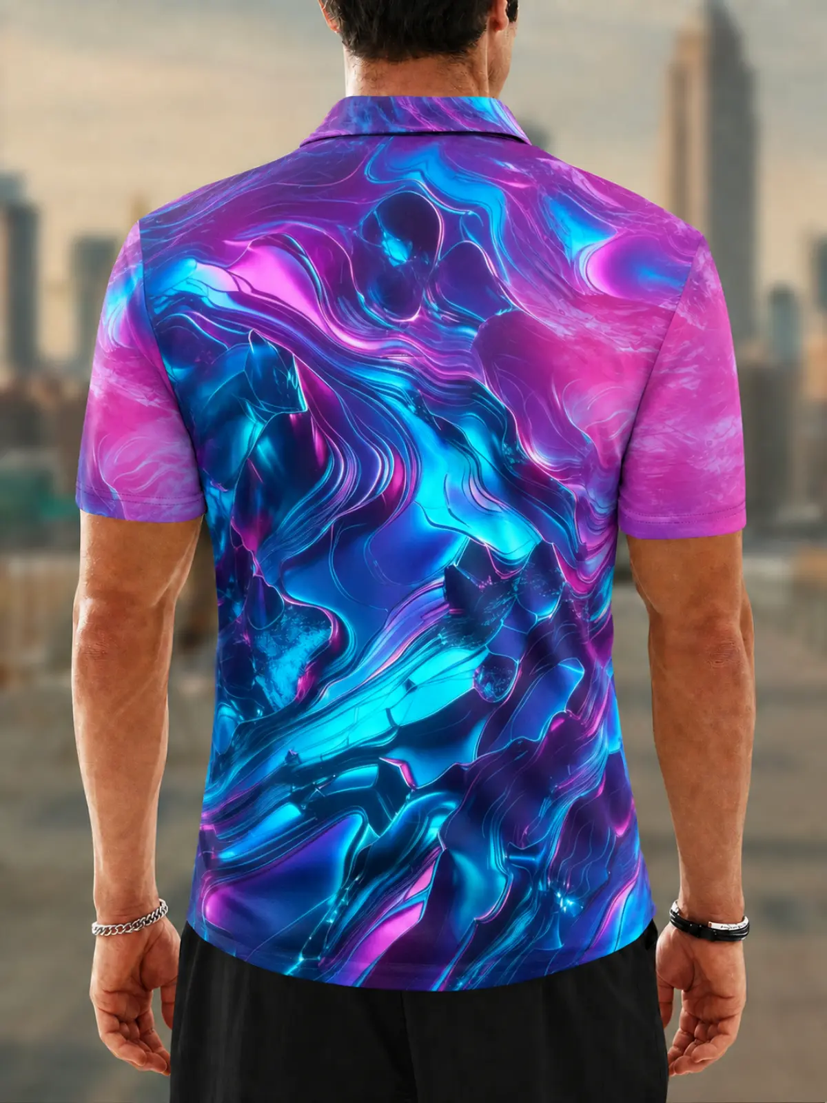 Moisture Wicking Golf Polo 3D Neon Swirl Liquid Art Button Short Sleeve Golf Polo Shirt