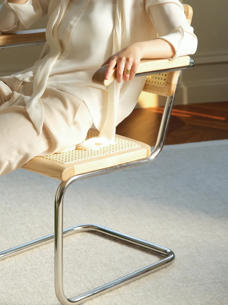CH048 - Bauhaus Vintage Armchair Handmade Rattan White Waxwood Solid Wood Dining Chair Work Chair Leisure Chair