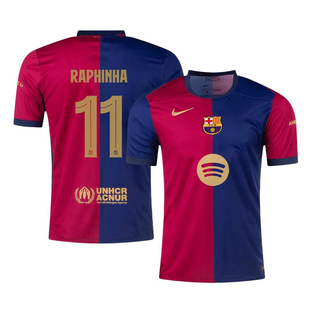 RAPHINHA #11 Barcelona Home Soccer Jersey -UCL (Spotify Logo Without Text)
